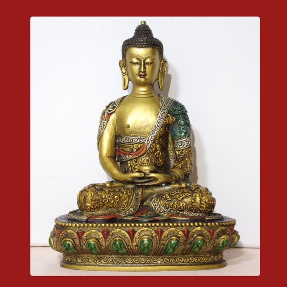 SHAKYAMUNI-BUDDHA STATUE-Bronze Metal Large Painted with Micro Carvings of Story - Picture 2 of 11